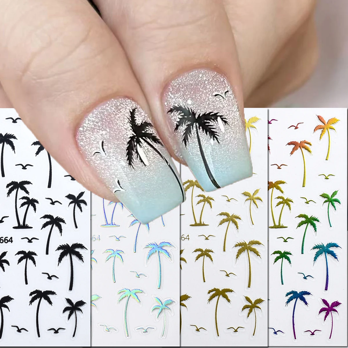 3d Nail art Stickers Summer Tropical Coconut Trees Palm Leaves Nail Decals For Nail Decorations Manicures Beauty