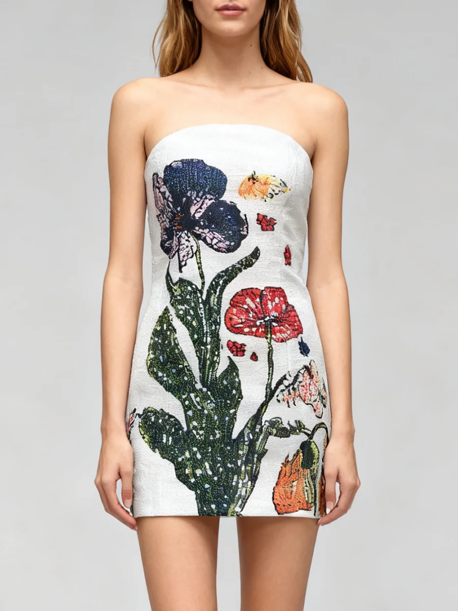 فستان قصير على طراز الحفلات مطبوع عليه ترتر VGH للنساء بدون حمالات بدون أكمام بخصر عالٍ فستان نسائي صيفي 2026 عصري