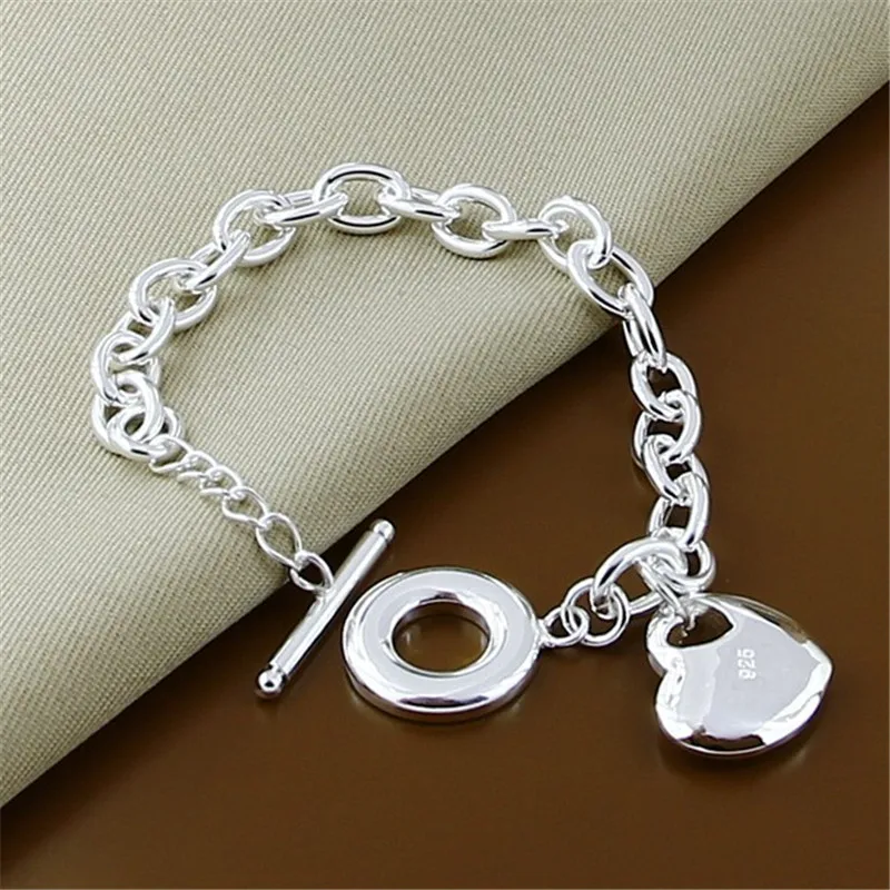 

925 Sterling Silver Solid Heart Pendant Bracelet OT Buckle For Woman Charm Wedding Engagement Fashion Party Jewelry