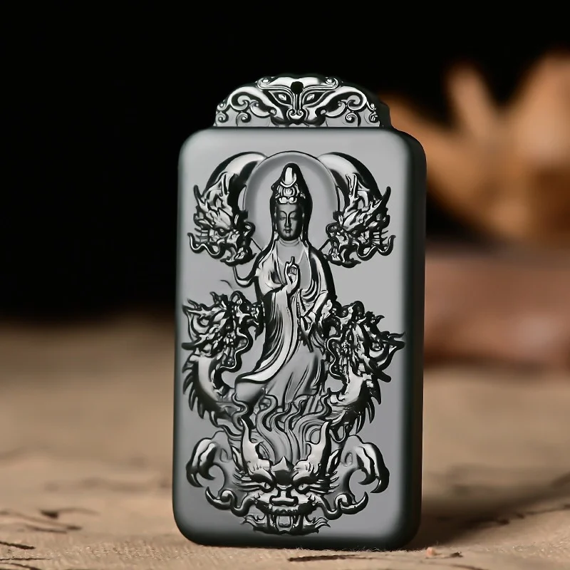 Jia Le/ 100% Natural Hetian Cyan Jade Kowloon Guanyin Necklace Pendant Fashion Personalized Men and Women Couples Amulet Gift