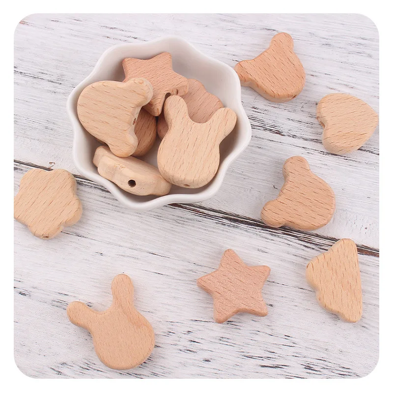 10Pcs Beech Wooden Beads Heart Star Shape Baby Teether Beads for DIY Necklace Pacifier Chain Crafts Jewelry Making