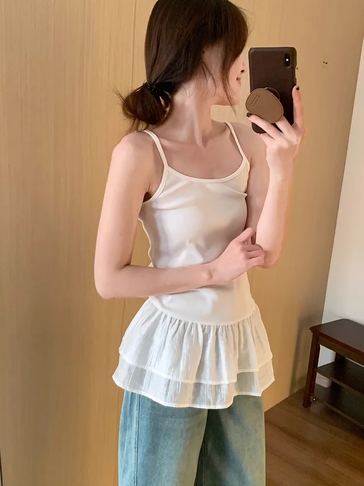 2025 Spring Summer New Korean Sle Overlapping Wear Inner wear Slim fit Frill Skirt Hem Small Pieces Cami White Top