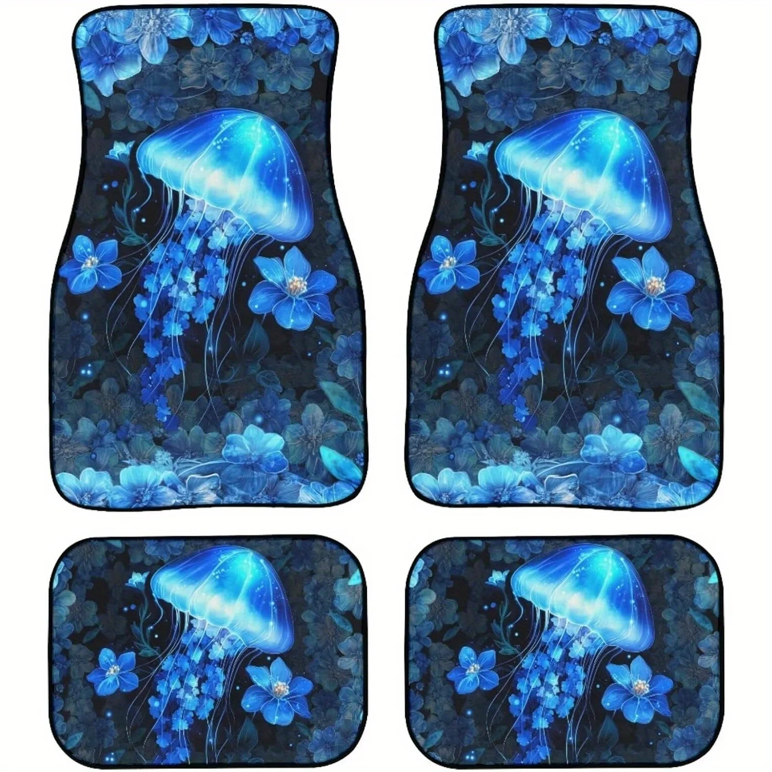 Car Floor Mats Blue Jellyfish Flowers Print 4pcs All Weather Universal Fit Durable Rubber Waterproof Car Mat For Cars Trucks SUV