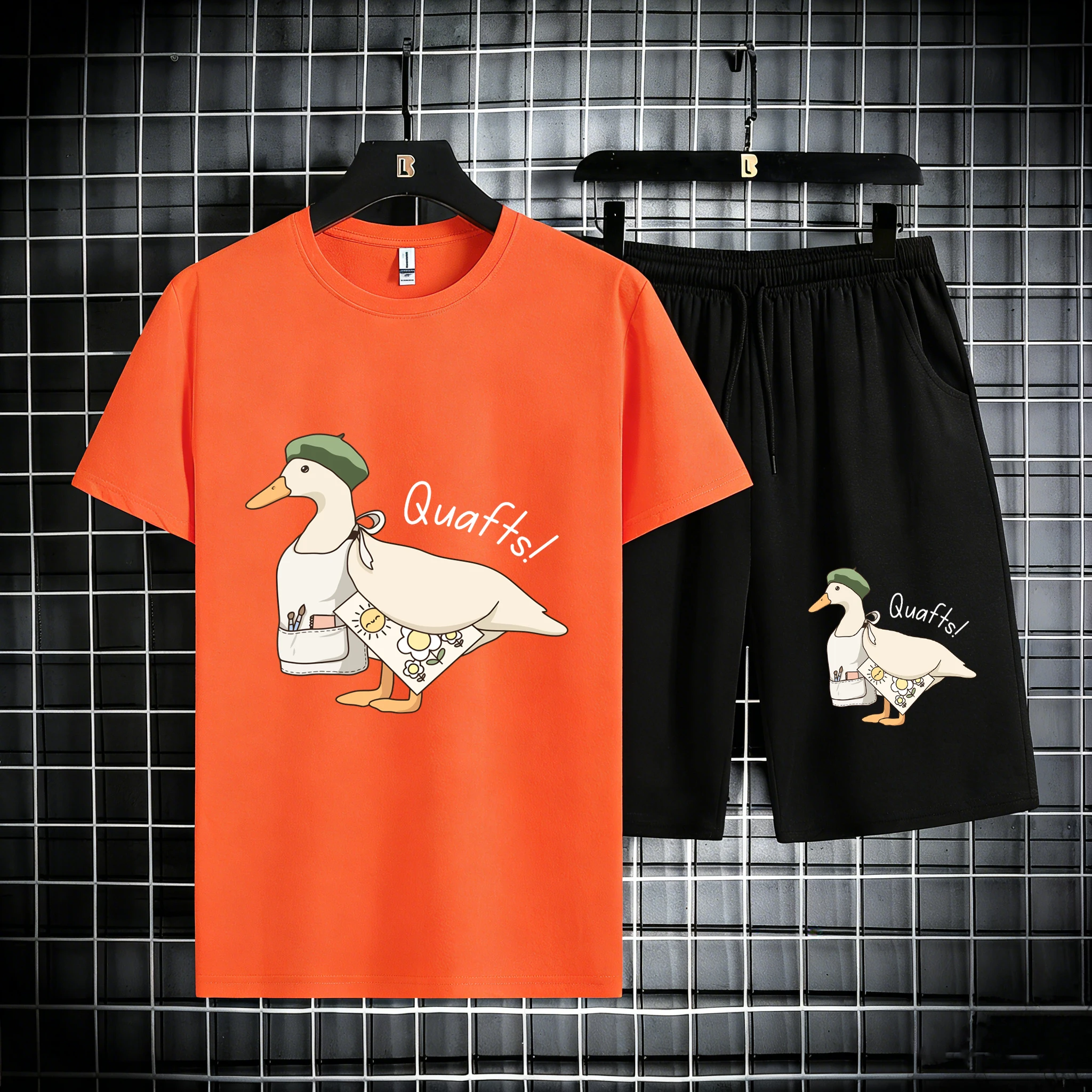 

The Big Goose Who Loves Drawing Print Casual Soft Shorts Men Set Cotton Summer Running Tees Sport Basics T-Shirts Fitness Pants