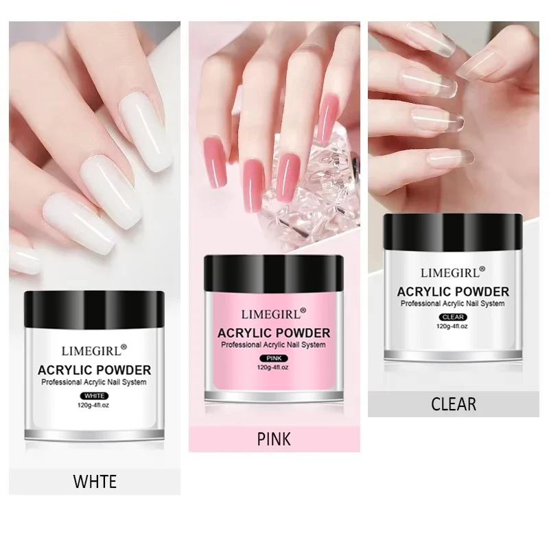 LIMEGIRL 120 جرام مسحوق أكريليك للأظافر 120 مللي مجموعة مونومر سائل وردي أبيض مسحوق أكريليك احترافي رسومات أظافر أدوات نحت ثلاثية الأبعاد