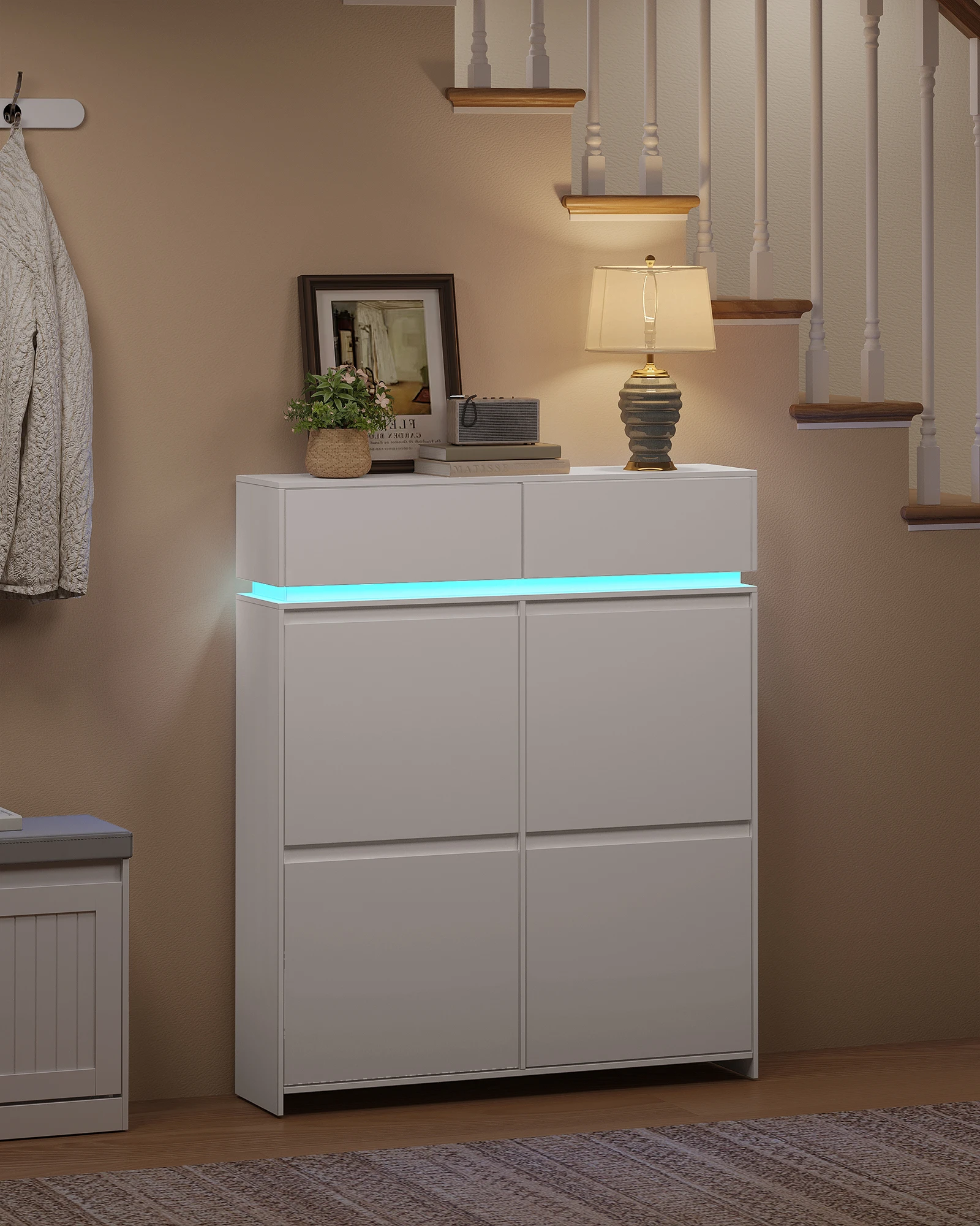 Scarpiera con 4 ante, scarpiera sottile con luci LED, porta scarpe, divisorio regolabile, capacità 20 paia, per ingresso