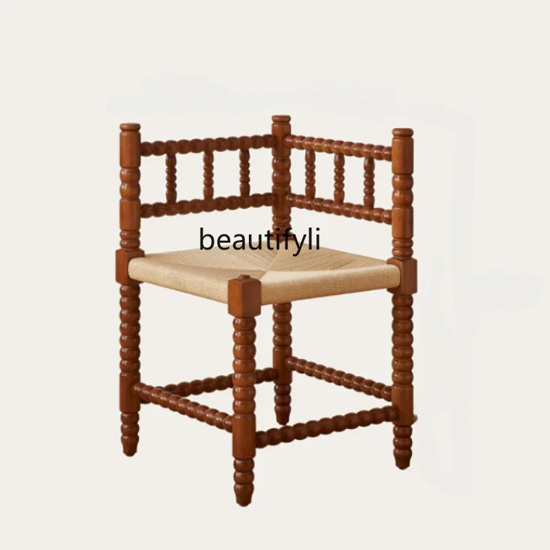 French Retro Solid Wood Corner Chair Hand-Woven Carved Armrest Dining Chair Designer Leisure Chair