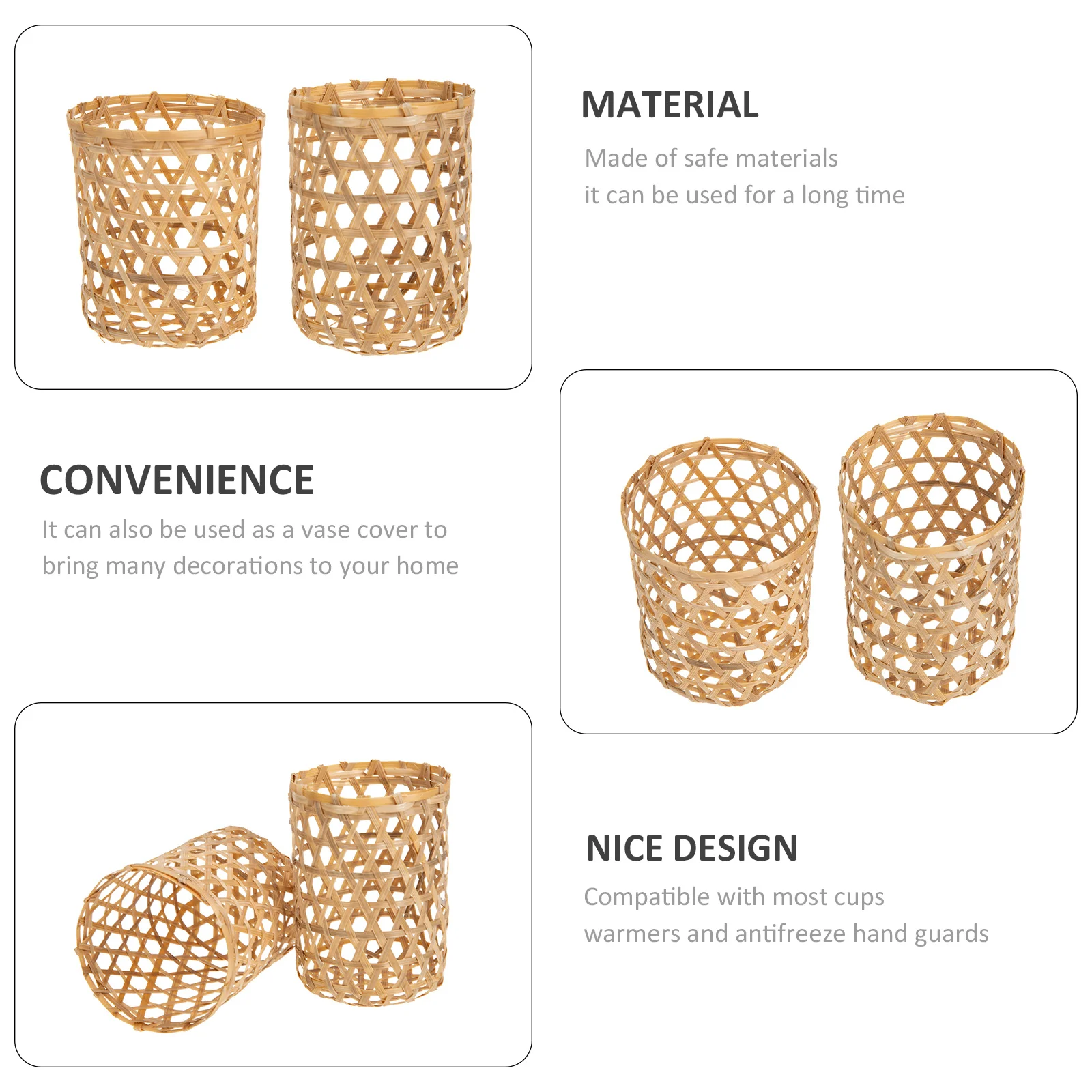 

2pcs Bamboo Woven Cup Sleeves Handmade Rattan Vase Cover For Glass Bottle Mug Multi-Function Household Decorative