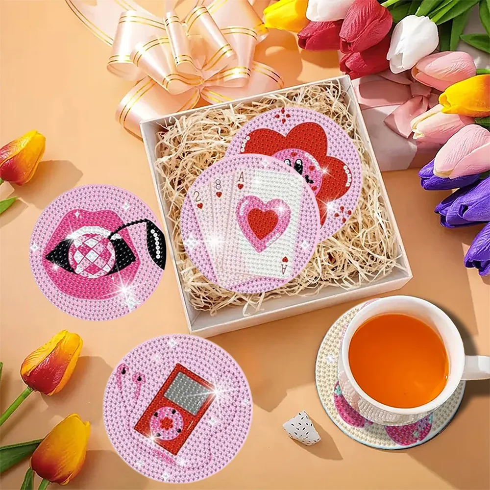 8 Pieces/Set of Diamond Painting Coasters with Brackets, DIY Pink Series Patterned Diamond Painting Coasters - view 5