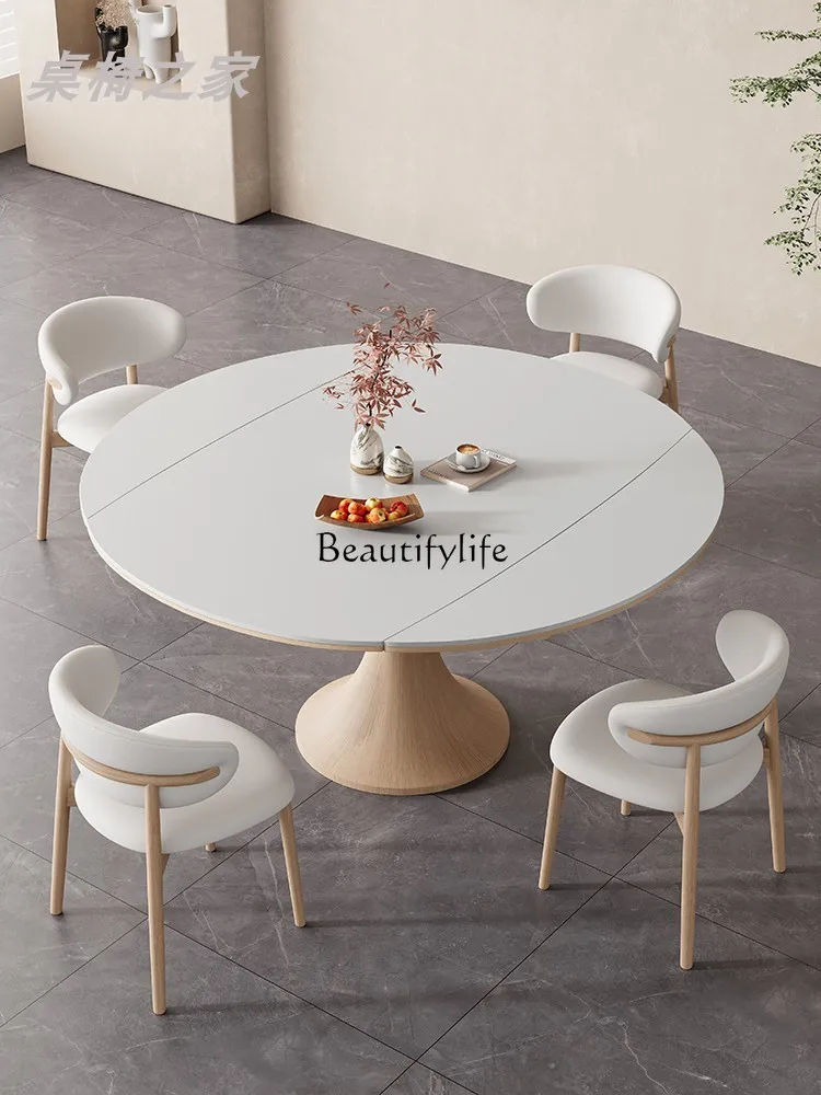 French Cream Style Solid Wood Stone Plate Retractable Dining Table Household Small Apartment Square and round Dual-Use Table