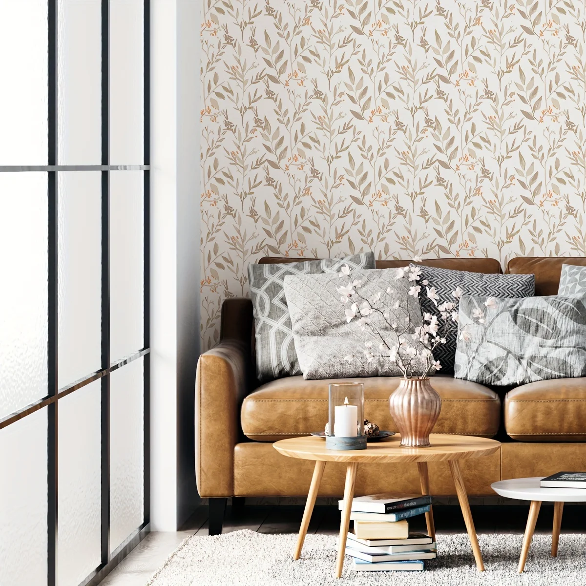 1 roll of brown plant leaves small fresh moisture-proof thickened wallpaper self-adhesive waterproof home decoration removable w
