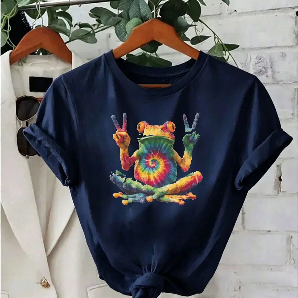 Colored Frogs Tops Peace Frog T-Shirt Trippy Hippie Psychedelic Tees Women High Quality Cotton Tops Unisex Clothes