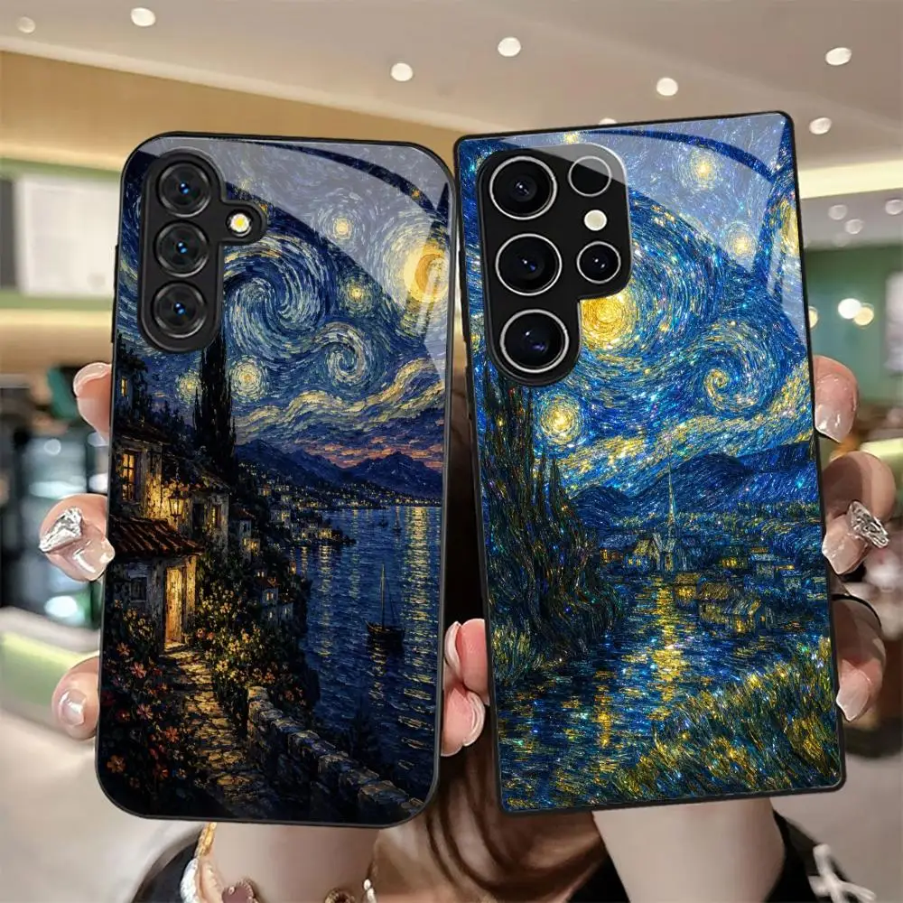 Starry Night Glass Phone Case For Samsung Galaxy S26 S25 S24 FE S23 S22 Ultra Plus Hard Back Cover Anti‑Scratch Protective Shell