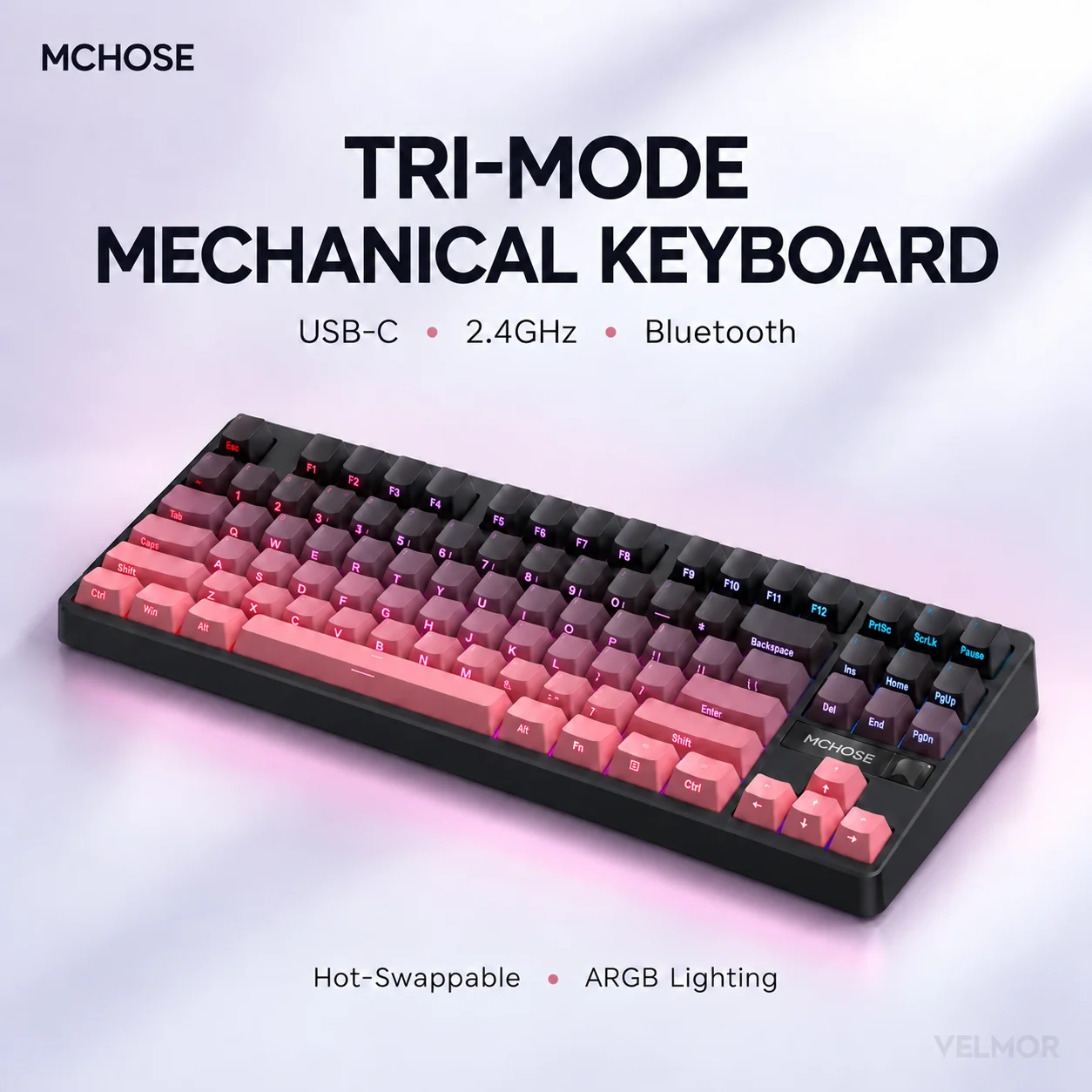 MCHOSE G87 V2 Tri Mode Mechanical Gaming Keyboard 87 Keys Gasket Mount Hot Swappable Rotary Knob RGB Bluetooth 2.4G USB C