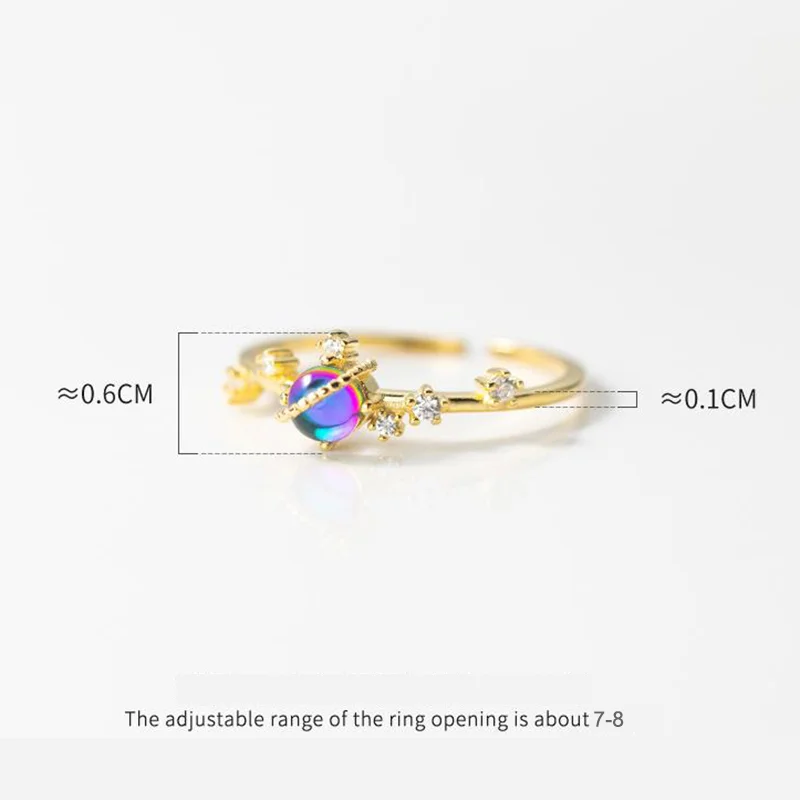 WANTME 925 Sterling Silver Fashion Korean Pavé Zircon Glazed Open Finger Ring for Women Unique Romantic Planet Gold Jewelry