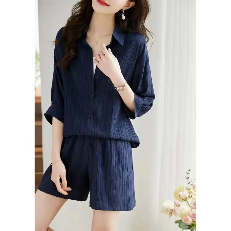 

Корейский женский модный однотонный комплект из двух предметов: осенний повседневный костюм с брюками и топом с рукавами 3/4, 2 шт.