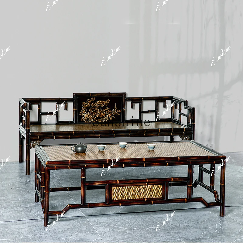 

Chinese dragon bamboo coffee table sofa combination living room office furniture with backrest armrest retro FT