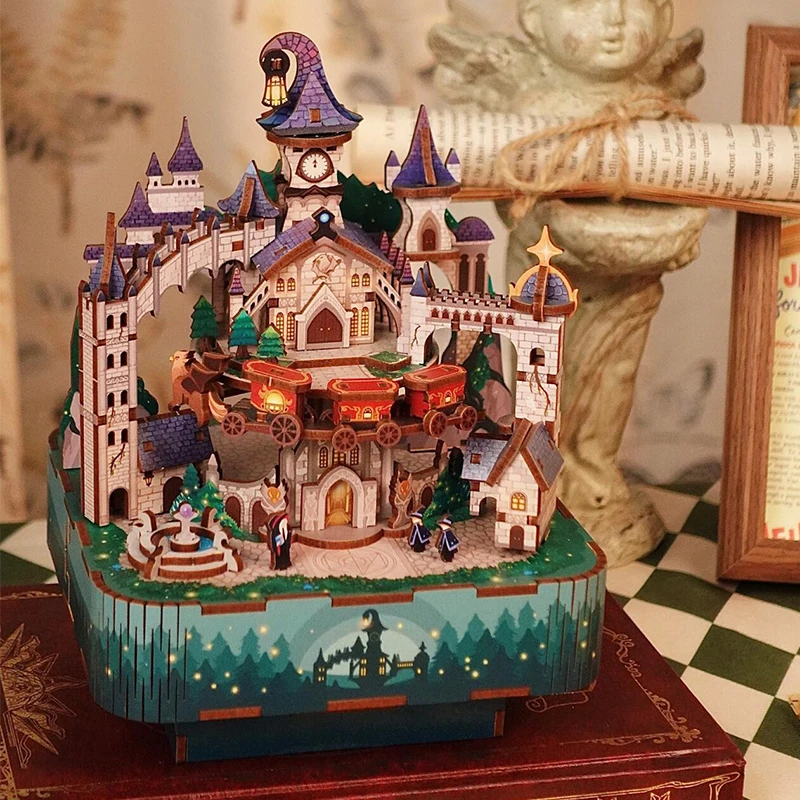 DIY 3D Wooden Magic Castle Music Box Miniature Model Kits Jigsaw Puzzles Train Can Move for Children Birthday Gifts Home Decor