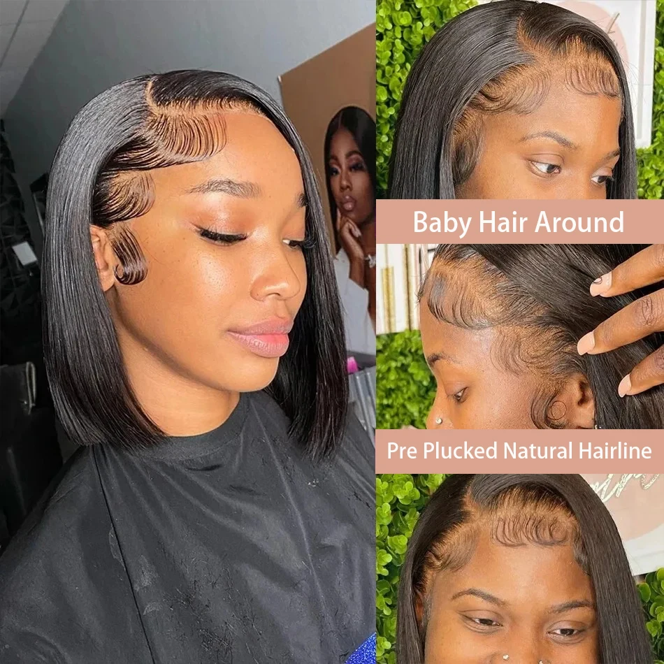 Parrucca in pizzo corto dritto al 200% Parrucca frontale in pizzo 13x4 Parrucche frontali in pizzo brasiliano 100% capelli umani 4x4 Parrucca anteriore in pizzo trasparente per donna nera