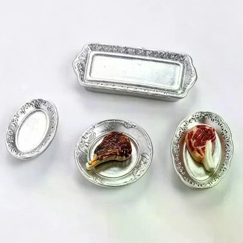 Miniature Simulated Steak Set Vintage Silver Serving Trays Perfect For Dollhouse Kitchen Diorama Craft Projects 10pcs