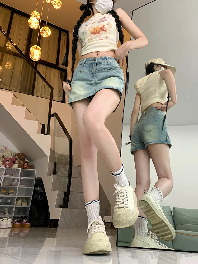 Jupe trapèze taille haute jupe en jean pour femme pantalons ort fille chaude trajet d'été coréen Sle Zipper ket Design Jeans...