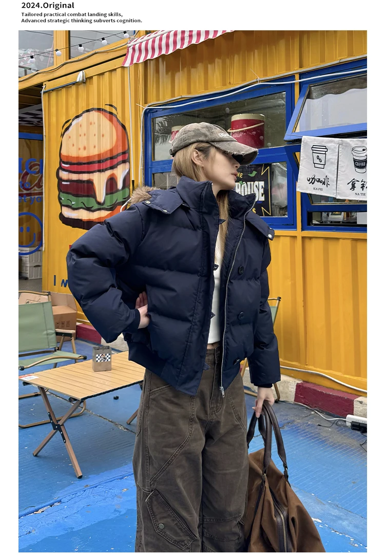 Veste courte en duvet de coton pour femme, coupe ample, avec chapeau détachable et col en fourrure, vêtements d'extérieur chauds et épais, amincissant, à la mode, hiver