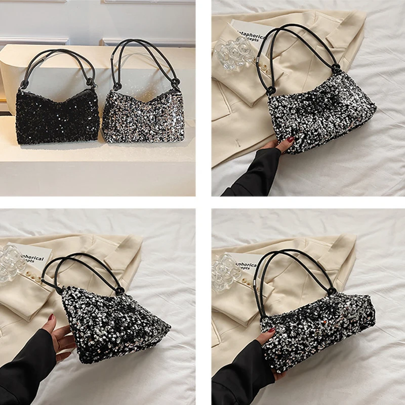 Bolsa feminina com lantejoulas, bolsa tiracolo casual com lantejoulas coloridas, zíper versátil, bolsa de axilas, embreagem monocromática, moda feminina