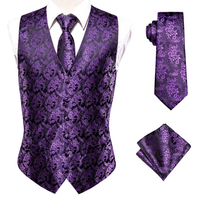 VerveRow Men Purple Paisley Waistcoat Vest Tie Pocket Square Set Wedding Formal Suit