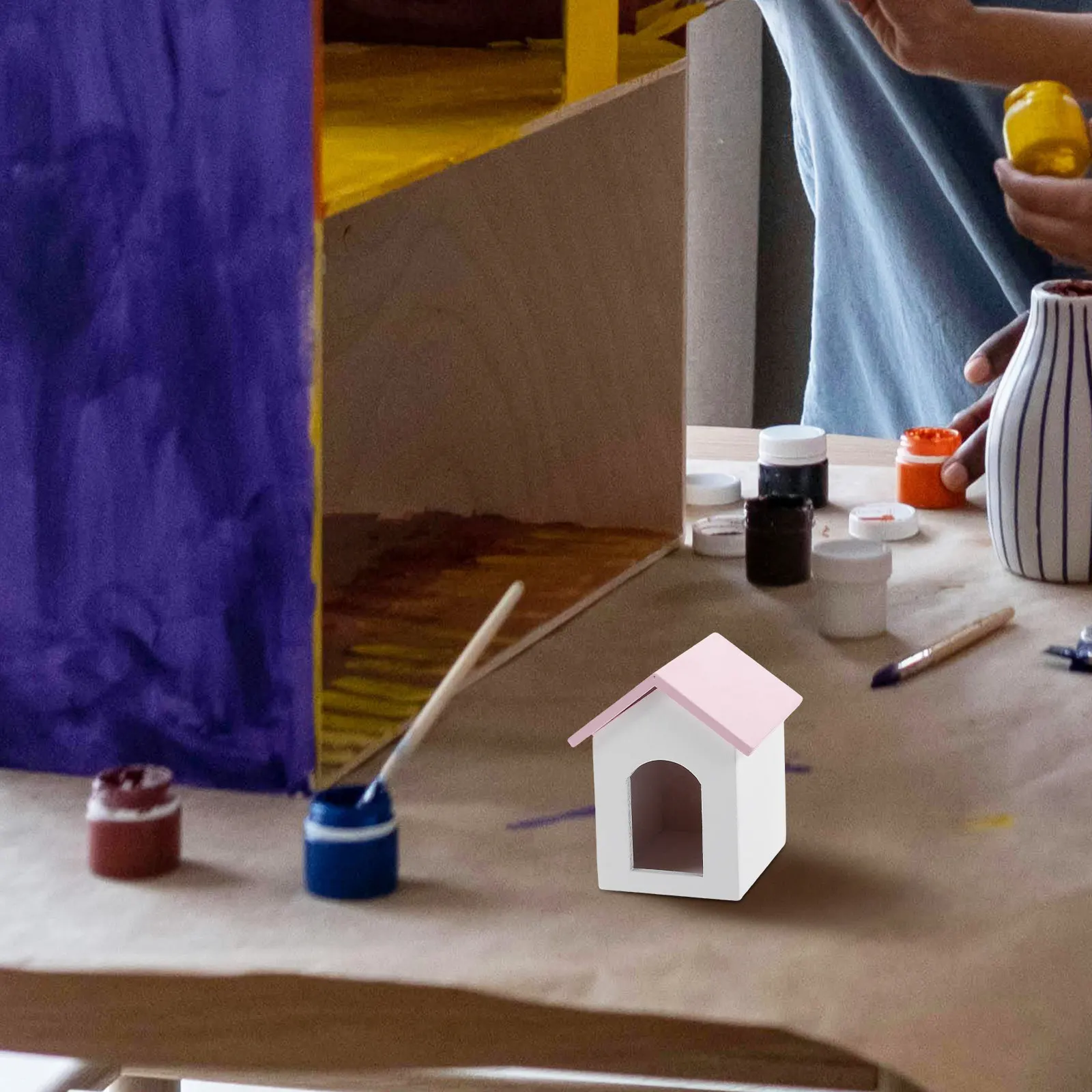 

Miniature Dog House Pink Roof White Walls 1:12 Scale Dollhouse Furniture Set Micro Scene Decoration Desktop Ornament Wooden