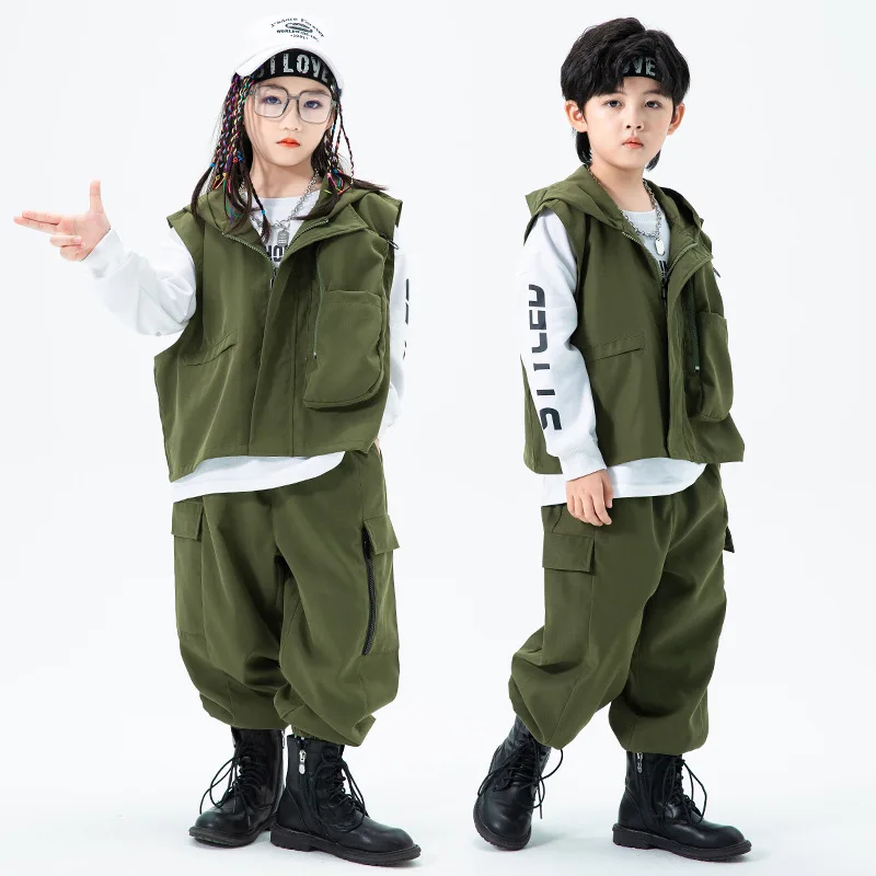 

Детская одежда в стиле хип-хоп, армейская зеленая куртка без рукавов с капюшоном, топ, повседневные уличные брюки-карго для бега для девочек и мальчиков, танцевальный костюм, одежда