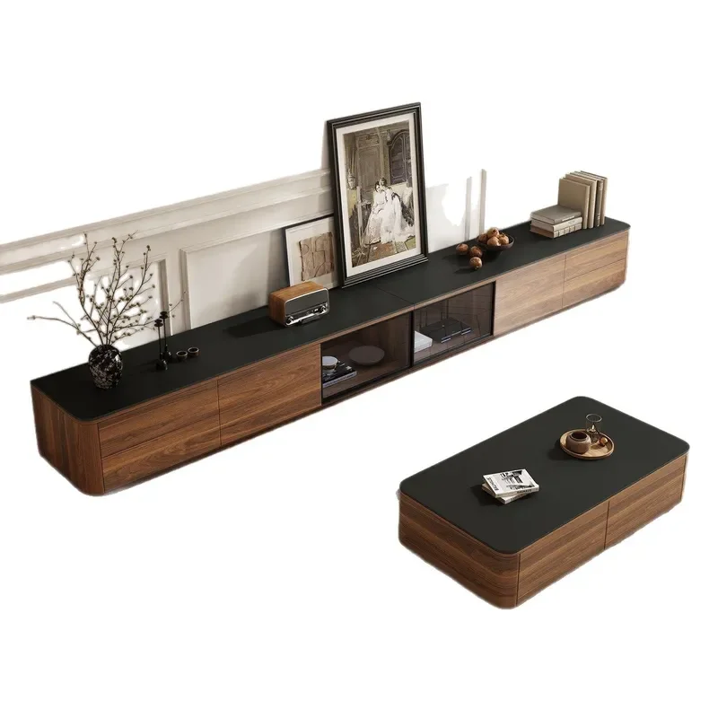 for Rock Slab TV Cabinet Floor to Ceiling Coffee Table Combo Small Apartment Glass Door TV Stand Living Room Retro Floor