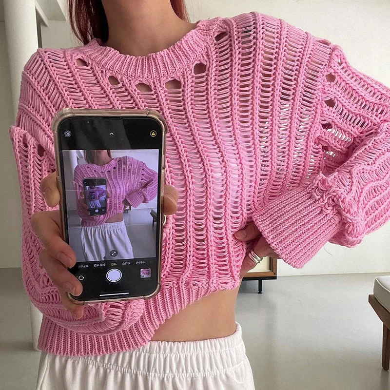 European And American Autumn Casual Hollow Knitted Jumper Women, Street Fashion Long-sleeved Open-button Sweater