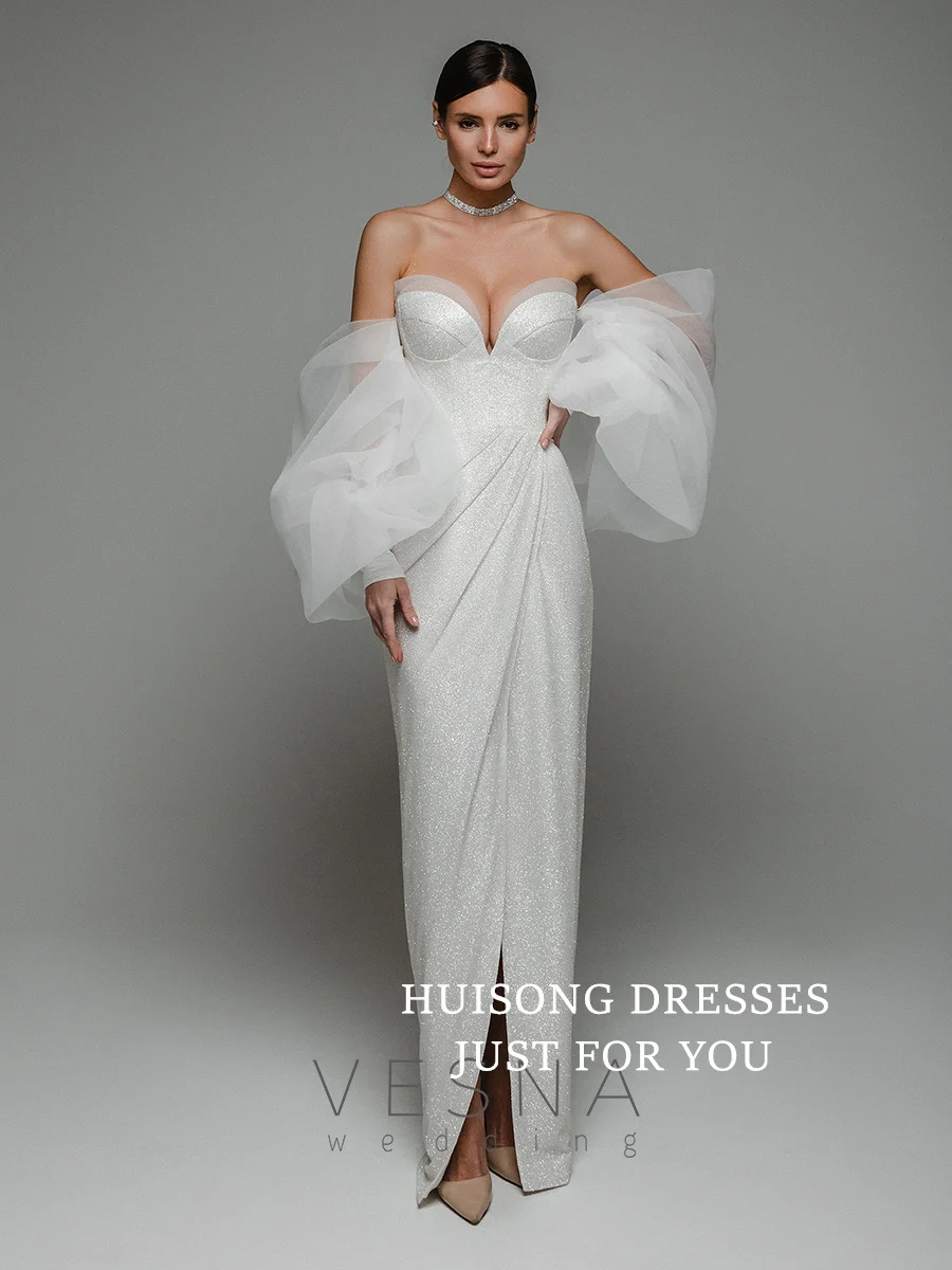 

HUISONG Customized Glitter Mermaid Wedding Dresses Sweetheart Long Sleeves Side Split Beach Bridal Gown свадебное платье
