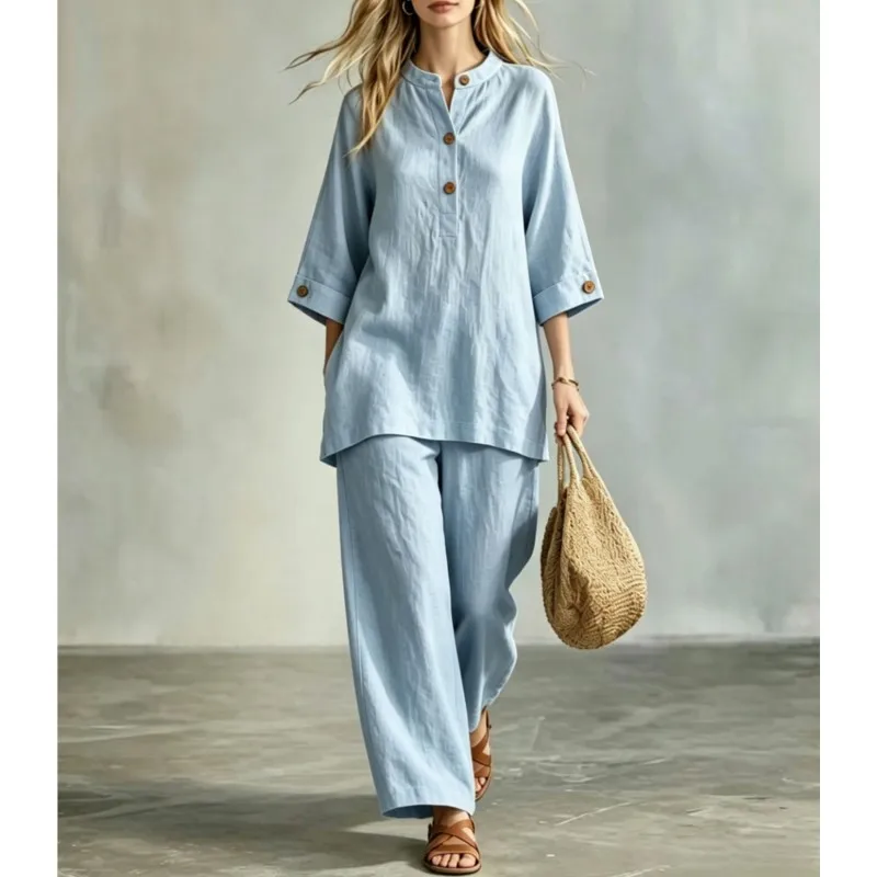 Casual Solid Vacation Style Women's Two-piece Set Summer Fashion Short Sleeved Loose Top With Wide Leg Pants Outfit Office Suit