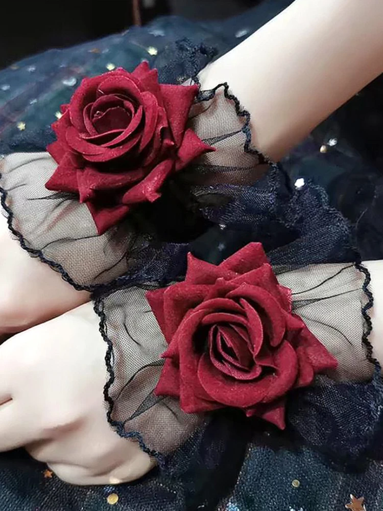 女性のための花のレースのブレスレット,ゴシックリストバンド,バラのブレスレット,花嫁介添人のリストバンド,結婚披露宴,赤,ロリータ