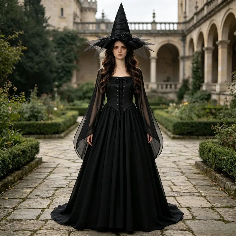 

Retro Dark Retro Witch Dress Gaul Black Square Neck Waist Big Swing Long Dress Mesh Horn Sleeve Halloween Rose Mesh Hat Set