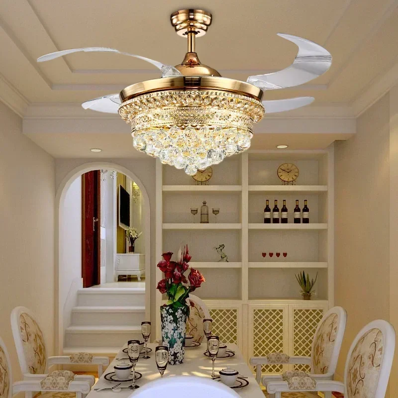 Luxurious Atmosphere Living Room Fan Light Crystal Remote Control Chandelier Bedroom Ceiling Fan Light Dining Room Ceiling Fan