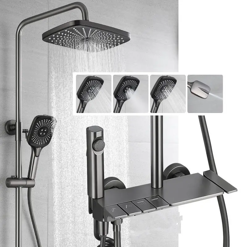 Piano Four Gear Shower Head Set For Houseuse Use, With High Pressure Liquid Silicone Button For Water Outlet