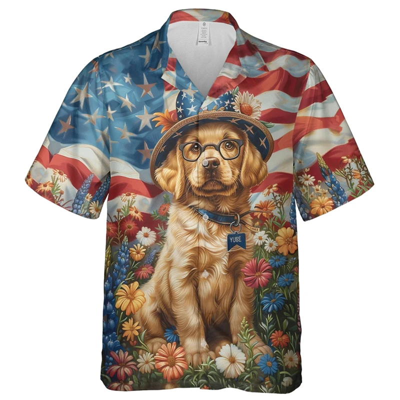 

Cute Pug America Flag Graphic Shirts For Men Clothes Patriotic Dogs Lapel Blouse Fashion Flower USA Pet Husky Women Short Sleeve