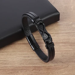 Classic Black Infinity Leather Bracelet for Men Magnetic Buckle Bracelet Fashion Party Jewelry Birthday Gift