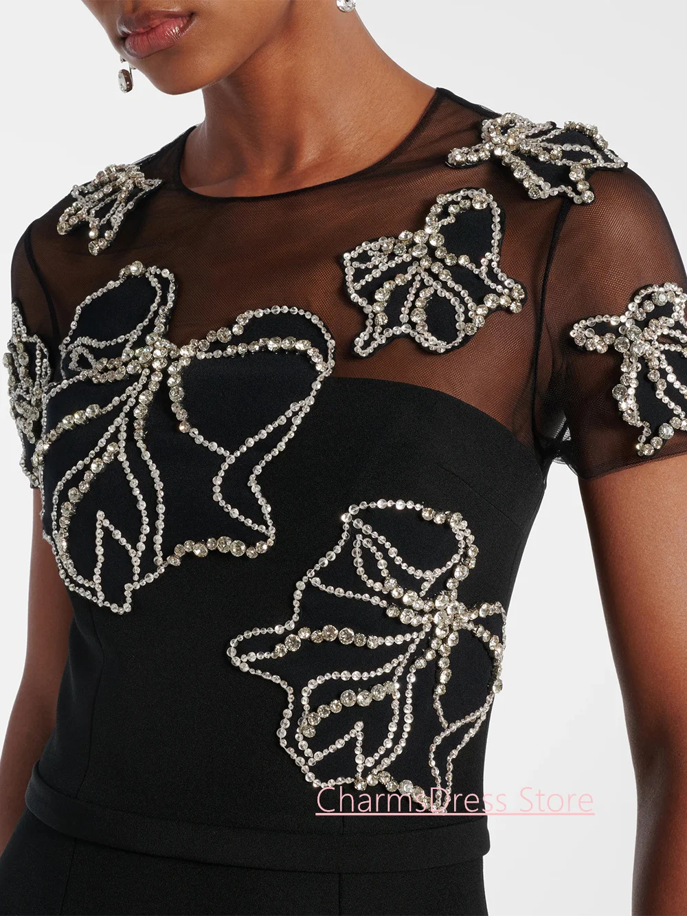 Short Sleeves Black Evening Dress Customized Round Neck Beading Crystal Floor Length Mermaid Party Gown Formal Prom Dresses