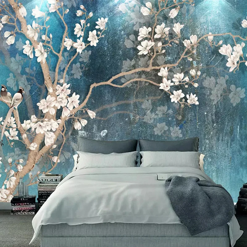 

Custom 3D Wall Murals Wallpaper Nordic Blue Vintage Hand Painted Flowers Birds Oil Painting Wall Paper Bedroom Mural De Parede