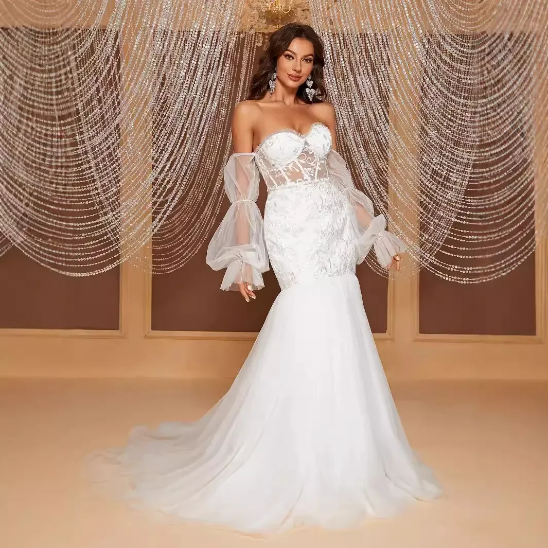 Customized Mermaid Sexy Sweetheart Wedding Dress With Lace Appliresses And Long-Sleeved Bohemian Beach Princess Bridal Dress