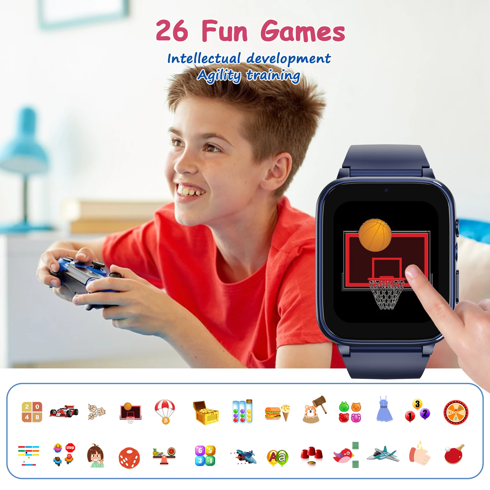 1.69\'\' Smart Watch for Kids 4-12 Years Boys Girls, 26 Puzzle Games,HD Camera ,Video  Music Player ,Pedometer,Flashlight