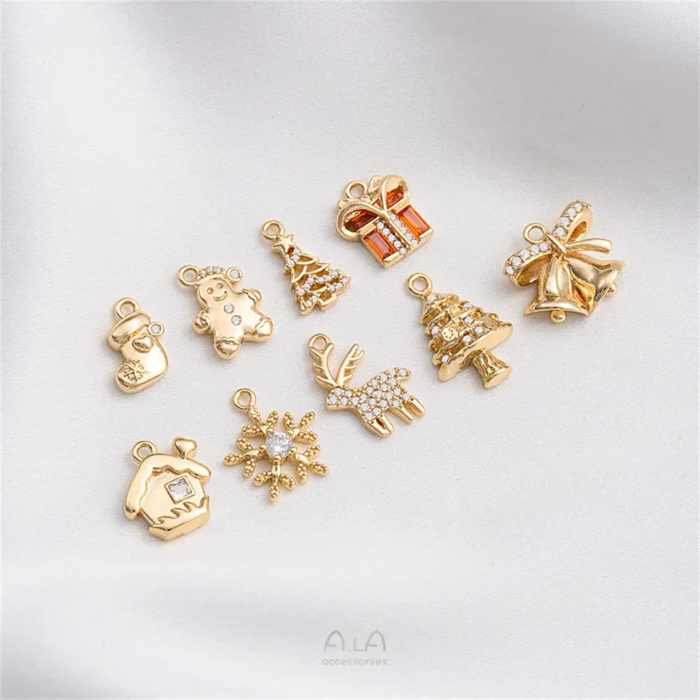 

14K Gold Wrapped Snowflake Snowman Bell Gift Box Reindeer Christmas Tree Series Charm Pendant DIY Jewelry Pendant