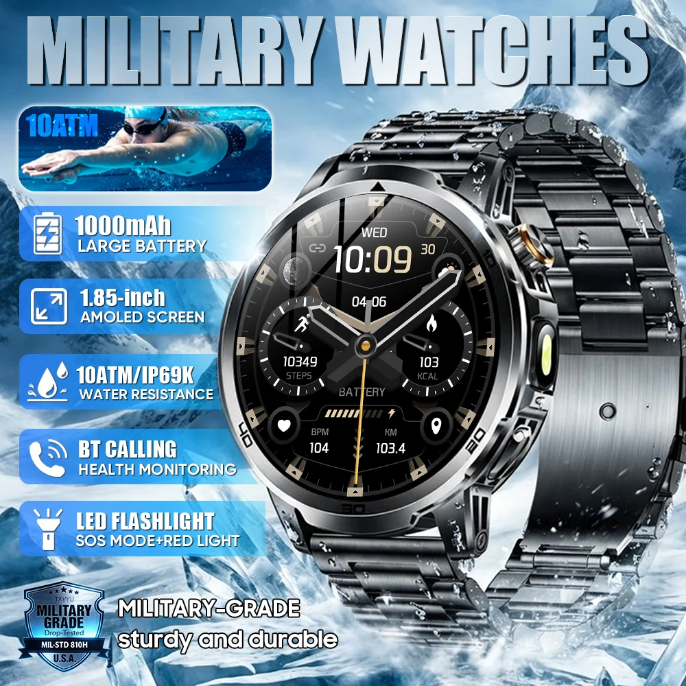

Новые военные смарт-часы 2026 года для активного отдыха, с аккумулятором 1000 мАч, большим экраном 1,85 дюйма, беспроводными звонками, режимом SOS, водонепроницаемостью 10ATM, для плавания