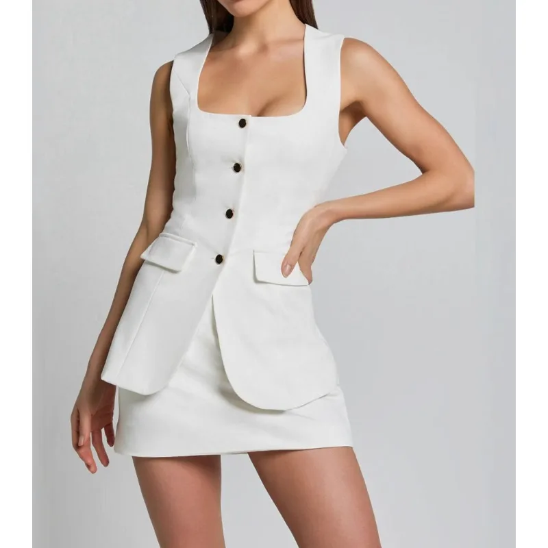 

2026 Single-breasted Square Neck Sleeveless Vest Slim Fit Sexy Fashion Hip-hugging Skirt Two-piece Set for Women