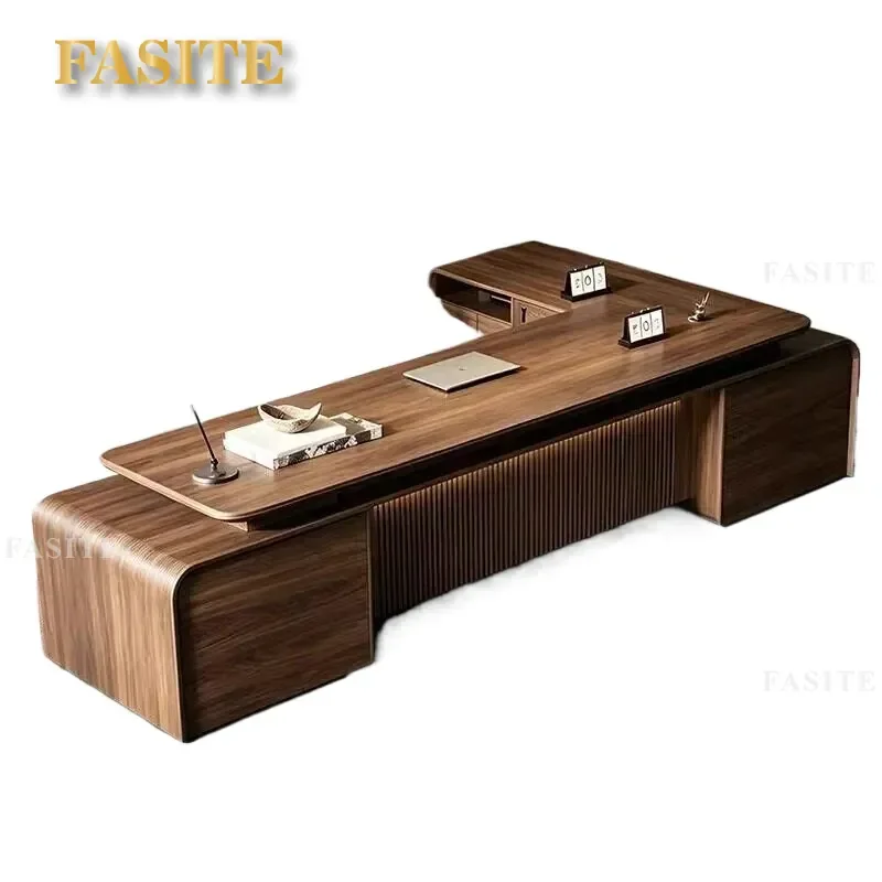 For North American Black Walnut L Shaped Desk Solid Wood Office Boss Table with Side Cabinet Ebony Finish Executive