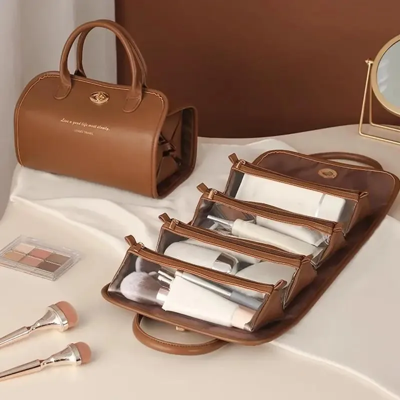 Leather Waterproof Cosmetic Bag Leather Detachable 4 in 1 Travel cosmetics storage bag Foldable Makeup Travel Bag