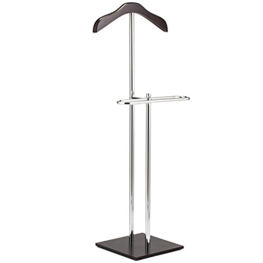 

Brown Wood and Metal Valet and Suit Stand Executive Men's Garment Organizer Rack Coat and Pants Hanger